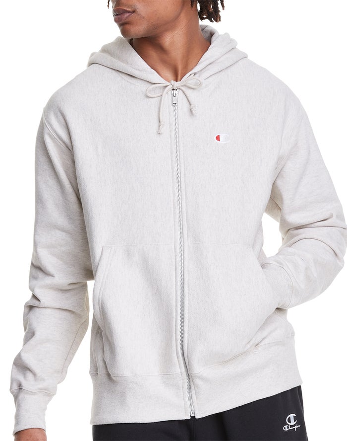 Champion Mens Hoodie NZ - Reverse Weave Full Zip C Logo White ( 1285-SJTAX )